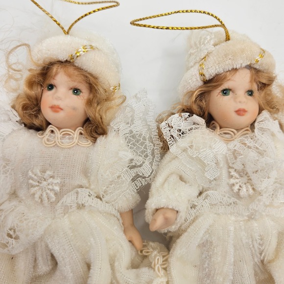 Vintage Angel Doll Ornaments Pair Lace Dresses Porcelain Faces Christmas - Picture 2 of 5